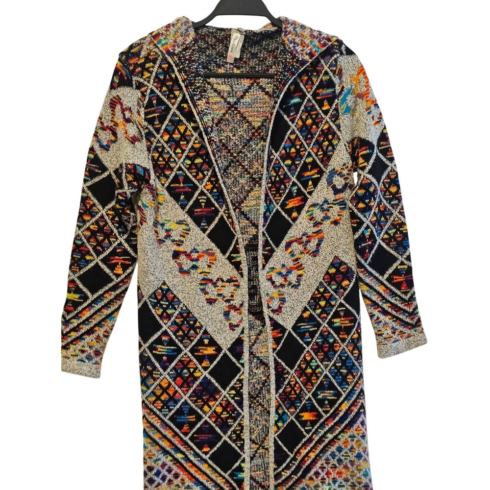 Pinklicious Women's Hooded Cardigan Long Boho Diamond Pattern‎ Knit Sweater L/XL - Picture 2 of 6